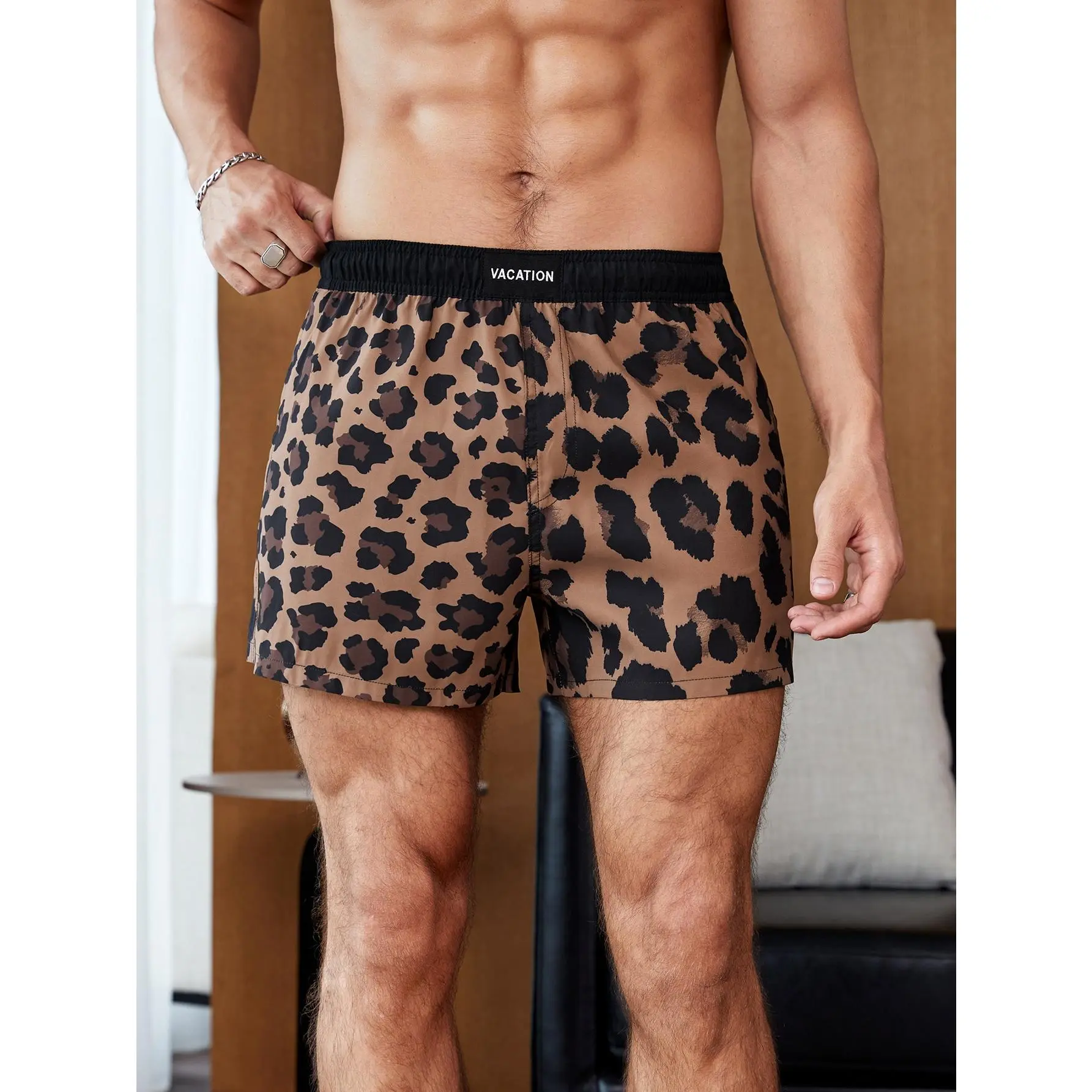 Men's Leopard Print Swimsuit Shorts - Quick-Dry Lightweight Mensfashion Beach Trunks with Letter Patch, Elastic Waist for Summer Vacation, Pool Parties (Cold Wash Recommended), Swimming Shorts, Beachwear, Adjustable, Quick-Dry Keeps You Fresh
