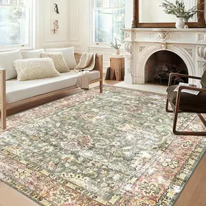 Boho Style Floral Pattern Area Rug, Vintage Non-slip Washable Floor Mat, Soft Thin Indoor Carpet for Home Living Room Bedroom Decor, Decorative Area Rug, Bohemian Style Rugs, Flower Pattern Rugs