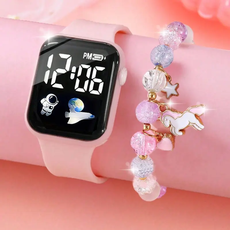 2pcs Silicone LED Casual Watch Wristwatch & Unicorn Beaded Bracelet Set, Astronaut Design, Perfect Gift for Halloween, Birthday, Thanksgiving