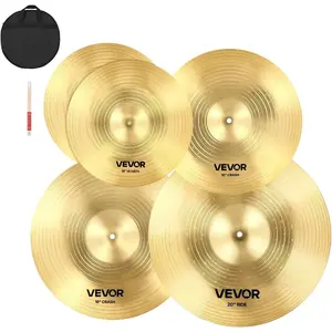VEVOR Low Volume Cymbal Pack, 5Pcs Quiet Cymbals for Drum Set, 14'' Hi - Hats, 16'' Crash, 18'' Crash, 20'' Ride, Alloy Drum Cymbals Includes Free Drumsticks, Mute Pads Bag, for Drummer PracticeVEVOR Super Brand Day