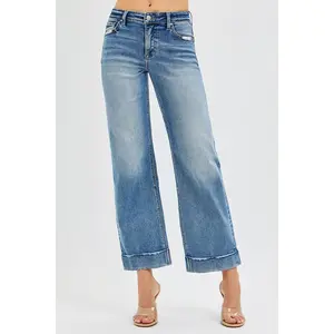 RISEN Mid Rise Crop Straight Jeans with Taylor Cuffed