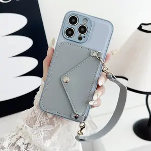 Leather Phone Case with Envelope-Style Card Slot and Wrist Strap | Minimalist Protective Case | Shockproof and Scratch-Resistant Design | Compatible with iPhone 17/16/15/14/13 Pro Max | Stylish and Elegant Accessory