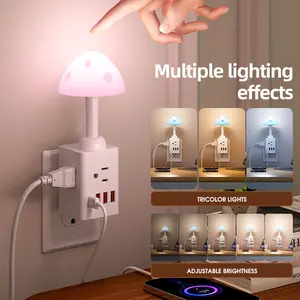 Magic Mushroom Night Light Wall Lamp - 3 AC Outlets, 3 USB & 1 Type-C Ports, 3 Color Dimmable, Space-Saving for Bedroom/Dorm/Desk/Hallway, US Standard Test Report Certified