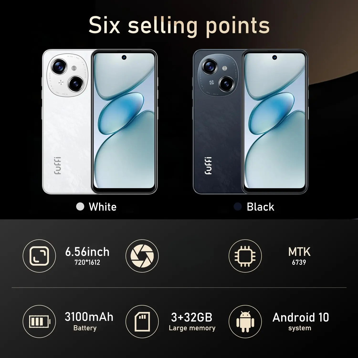 Fuffi スマートフォン本体 ブラック FUFFI Smartphone with 6.56-Inch HD Screen, Dual SIM and Dual 4G