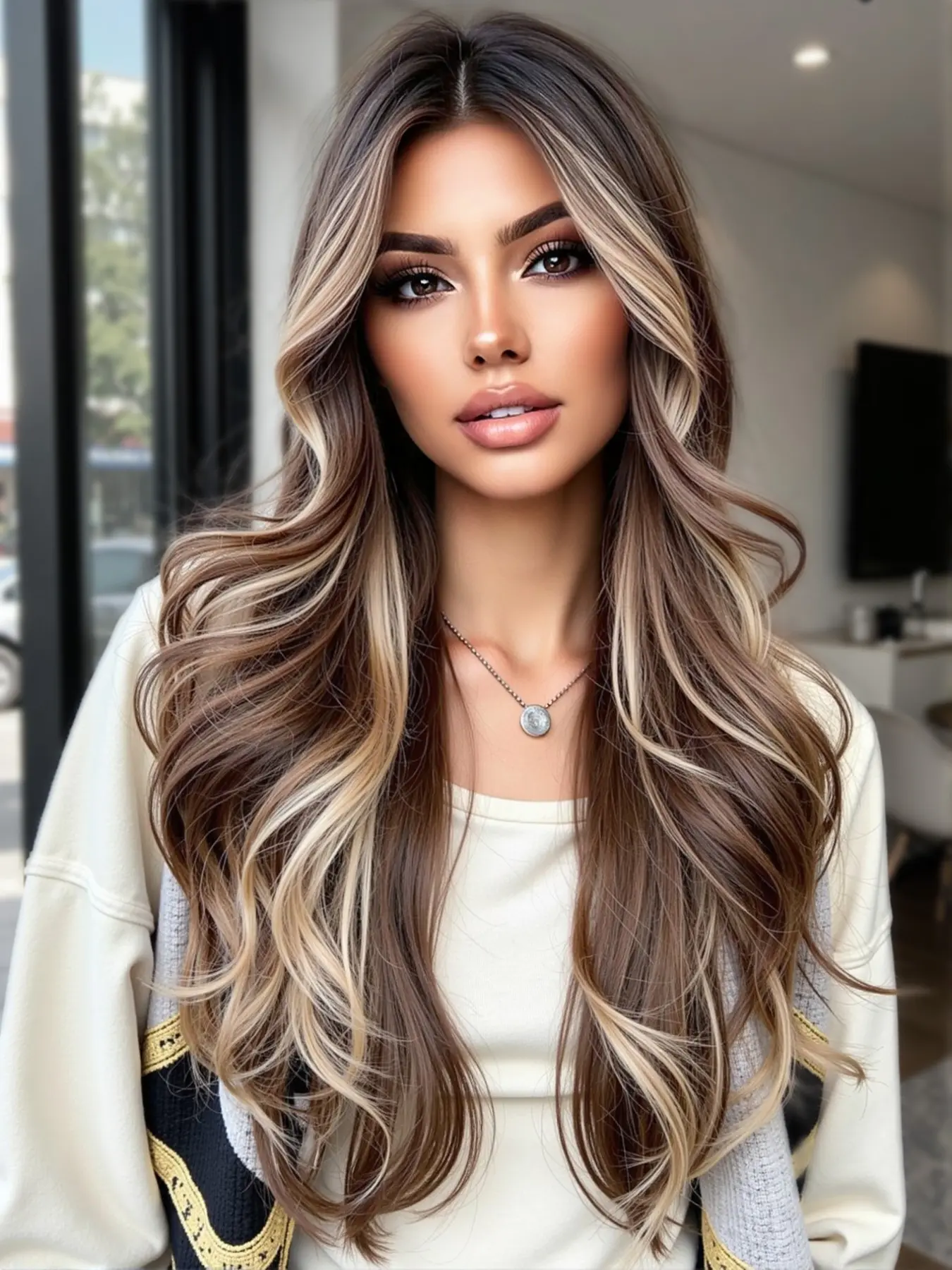 22-Inch Highlights Long Wavy Wig, Synthetic Soft Wigs, Artificial Wig, Contour Highlight Gradual Curly Wave Synthetic Hair, Heat-Resistant, Soft Wavy Curly, Natural Lazy Curl, Daily & Party Use