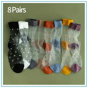 Women's 8-Pair Mid-Length Summer Socks, Thin Patterned Jacquard, Soft Breathable Fabric Socks for Festival Wear, Soft Breathable Socks