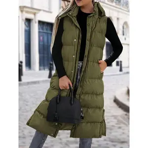 Women's Vest with Quilted Hood and Button Closure for Winter Coat , Womenswear Winter Long Sports Casual Vest