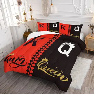 "King" "Queen" Pattern Printed Comforter Set, Including 1/2 Coreless Pillowcase, Couple Theme Bedding Gift Set, Full of Romantic and Sweet Atmosphere in The Bedroom, Warm and Soft and Comfortable Bedding, Soft Bedding Sets
