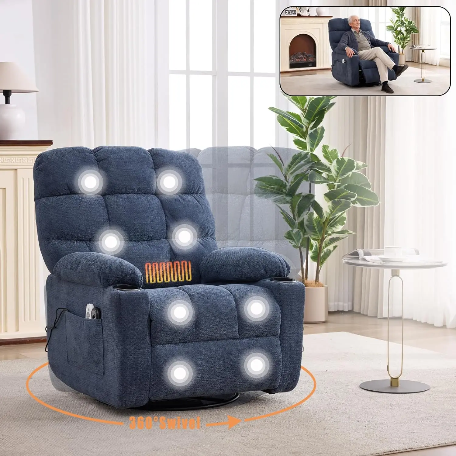 360° Swivel Rocker Recliner with Heat & Vibration Massage, Glider Rocking Chair for Adults, Compact Recliner for Living Room, Small Spaces, Nursery, Bedroom,Blue