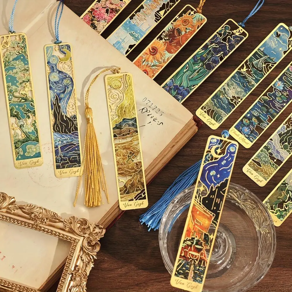 12 Pack Golden Flower Metal Bookmarks - Elegant Hollow Van Gogh Painting Design with Tassel, Vintage Book Markers for Book Lovers, Writers, Teachers & Students (Perfect Birthday/Christmas Gift Set)
