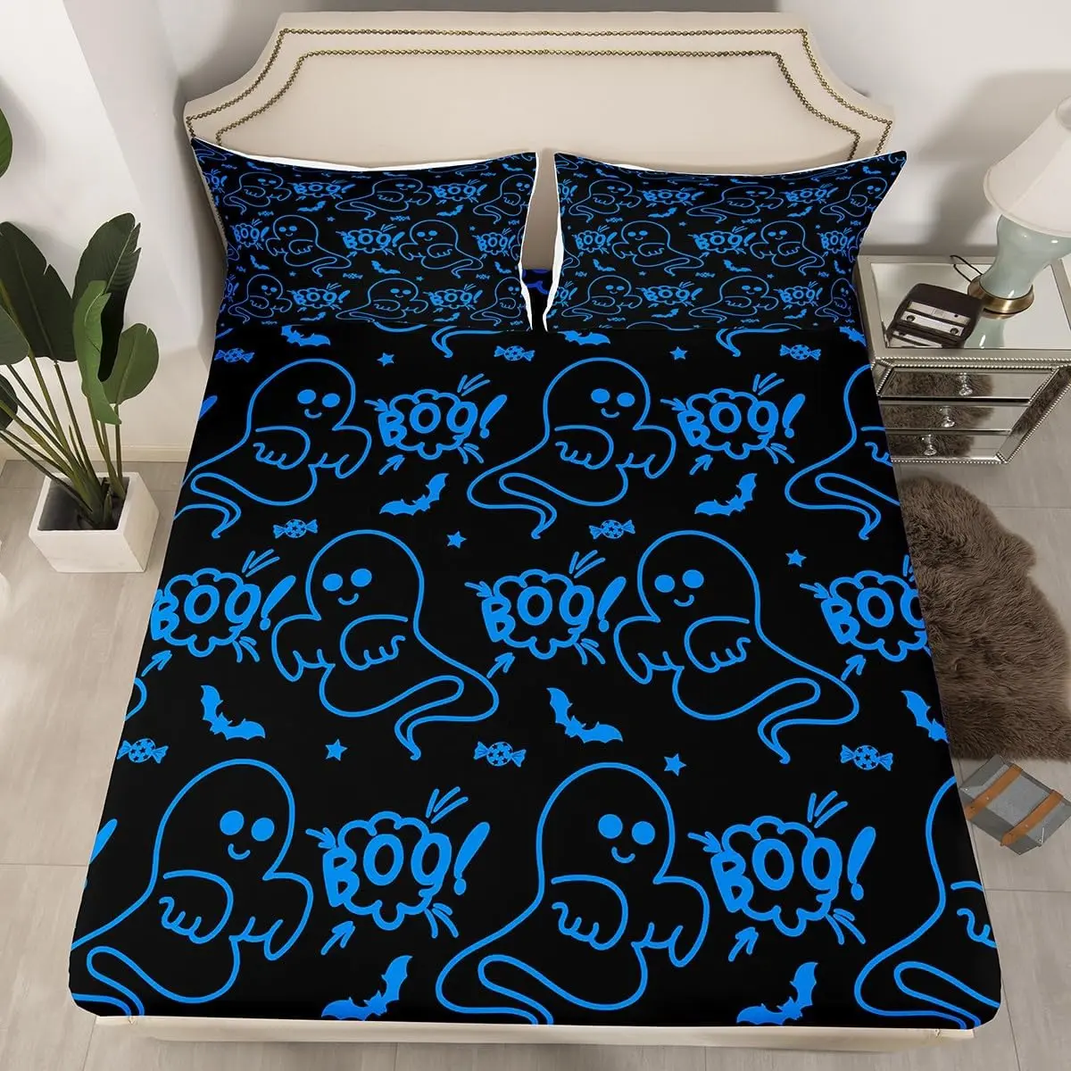 Feelyou Halloween Deep Pocket Fitted Queen Bedding Set - Vibrant Cartoon Ghost Print Blue Bedding Sheets, No Top Sheet, for Kids, Ghost Festival Decoration, Queen Bedding Sets