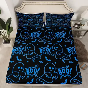 Feelyou Halloween Deep Pocket Fitted Queen Bedding Set - Vibrant Cartoon Ghost Print Blue Bedding Sheets, No Top Sheet, for Kids, Ghost Festival Decoration, Queen Bedding Sets