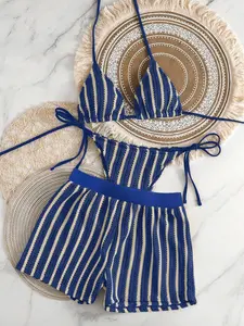 New Three-Piece Swimsuit Set, Blue Striped Knit Bikini Top and High-Waisted Shorts with Elastic Waistband, Beach Vacation Style