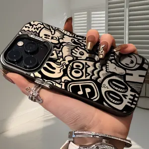 High-end black graffiti pattern laser frosted mobile phone case suitable for iPhone11 12 13 14 15 16 XS XR X 7 8 6s Mini Plus Pro Max SE series, suitable as a gift for girlfriend, boyfriend, friend or yourself