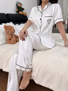 Spring Summer Women's Pajama Set, Heart Embroidery Cool Short Sleeve Long Pants Sleepwear, Casual Slim-Fitting Home Loungewear