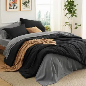 King Size Comforter Set - 7 Black King Bedding Set for All Seasons, Boho Contrasting Design Bed in a Bag with Comforter, Sheets, Pillowcases & Shams