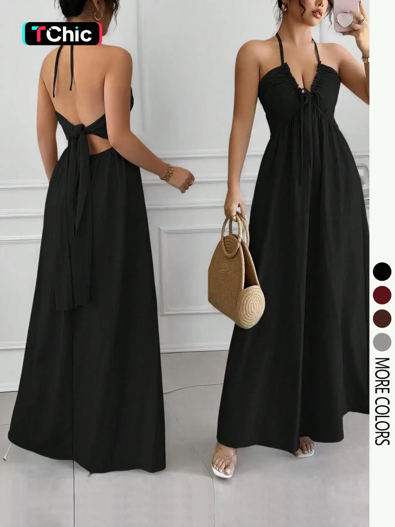 Women's Solid Color Backless A-Line Halter Strap Sundress with Tie-Up Drawstring Details, Summer Long Dress