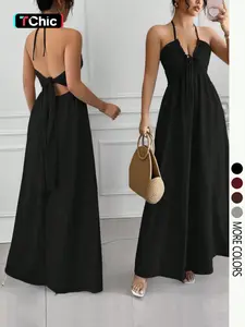 Women's solid color backless A-line dress with tie-up details (Women's summer dress, women's sundress, one-piece long dress, summer women's clothing)