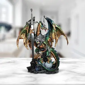 15.5"H Green Dragon with Sword Statue Fantasy Decoration Figurine