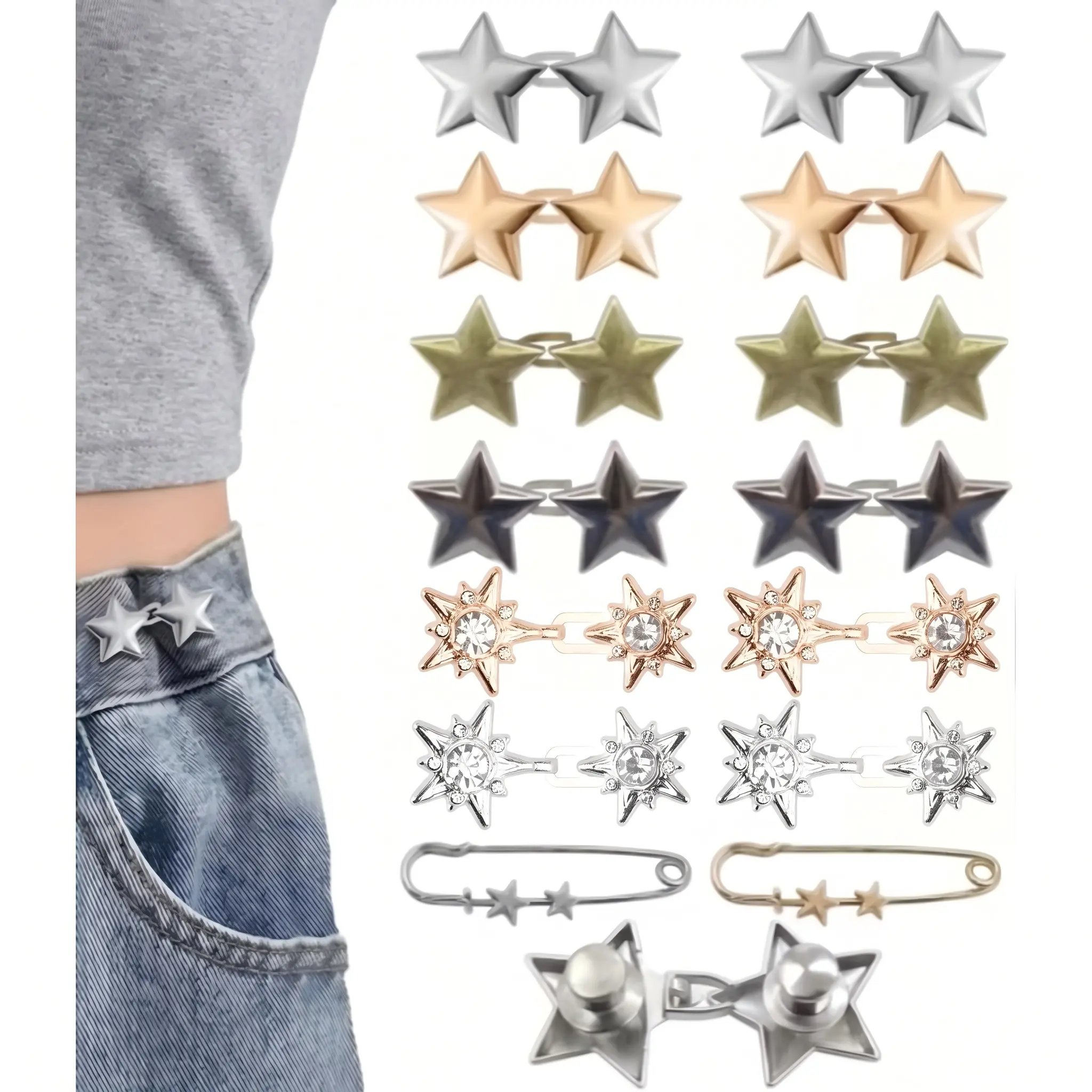 14 Sets Star-Shaped Metal No-Sew Waist Tighteners - Adjustable Detachable Jean Buckle Pins, Reusable Textured Metal Clips for Instant Pants/Skirt Fit Adjustment, Fashion Clothing Accessory, Detachable Pins