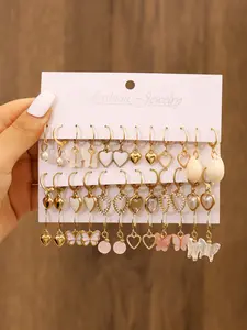 36pcs Multicolor Fashion Earring Set, Rhinestone Heart Butterfly Pearl Shell Pendants, Elegant Stackable Jewelry, Perfect Gift