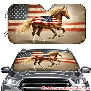 2D Flat Printed Car Sun Visor with Galloping Horse & National Flag - UV Protection Cooling Visor Suitable for Fit for Car, SUVs, RVs, Suitable for RVs, SUV Decoration, American Flag Themed Vehicle Accessory, 2D Flat