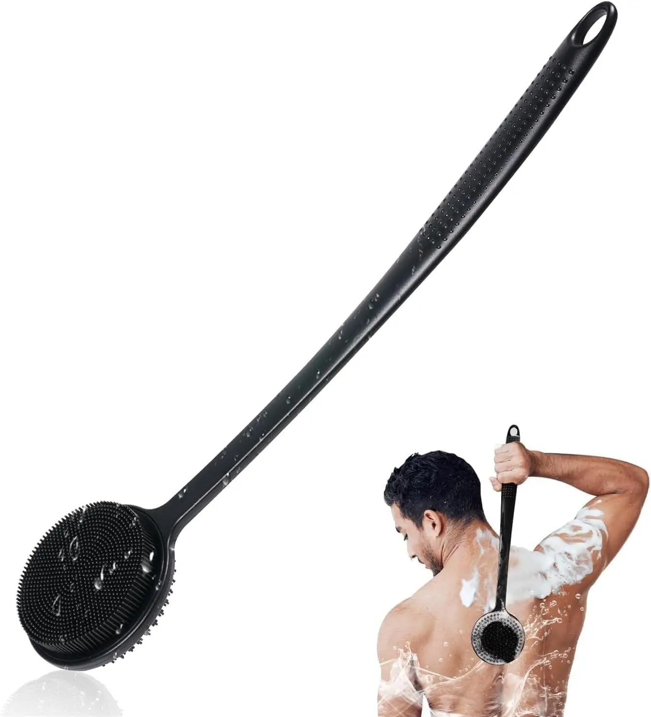 Silicone Back Scrubber for Shower, 17in Lengthen Long Handle Body Brush, Double Sided Shower Brush for Shower Exfoliating and Massage Can Produce Rich Foam, Long Handle Back Scrubber for Men