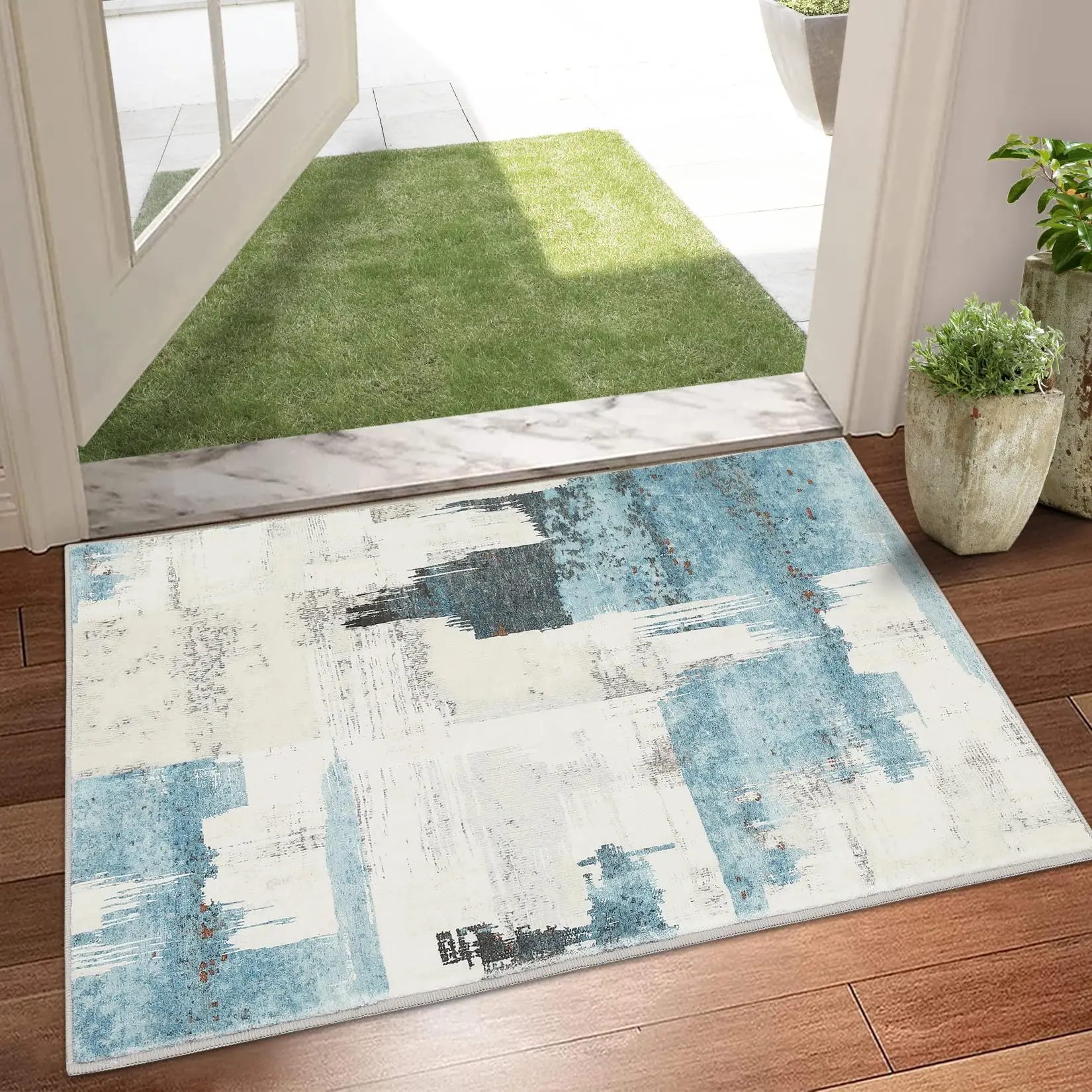 【GARVEE】Modern Abstract Beige Blue Area Rugs with Non-Slip Backing, Stain Resistant, and Washable; Available in Sizes 2x3, 3x5, 4x6, 5x7, 8x10, 9x12, and 2x6 Runner for Living Room, Bedroom, Dining Room, and Office