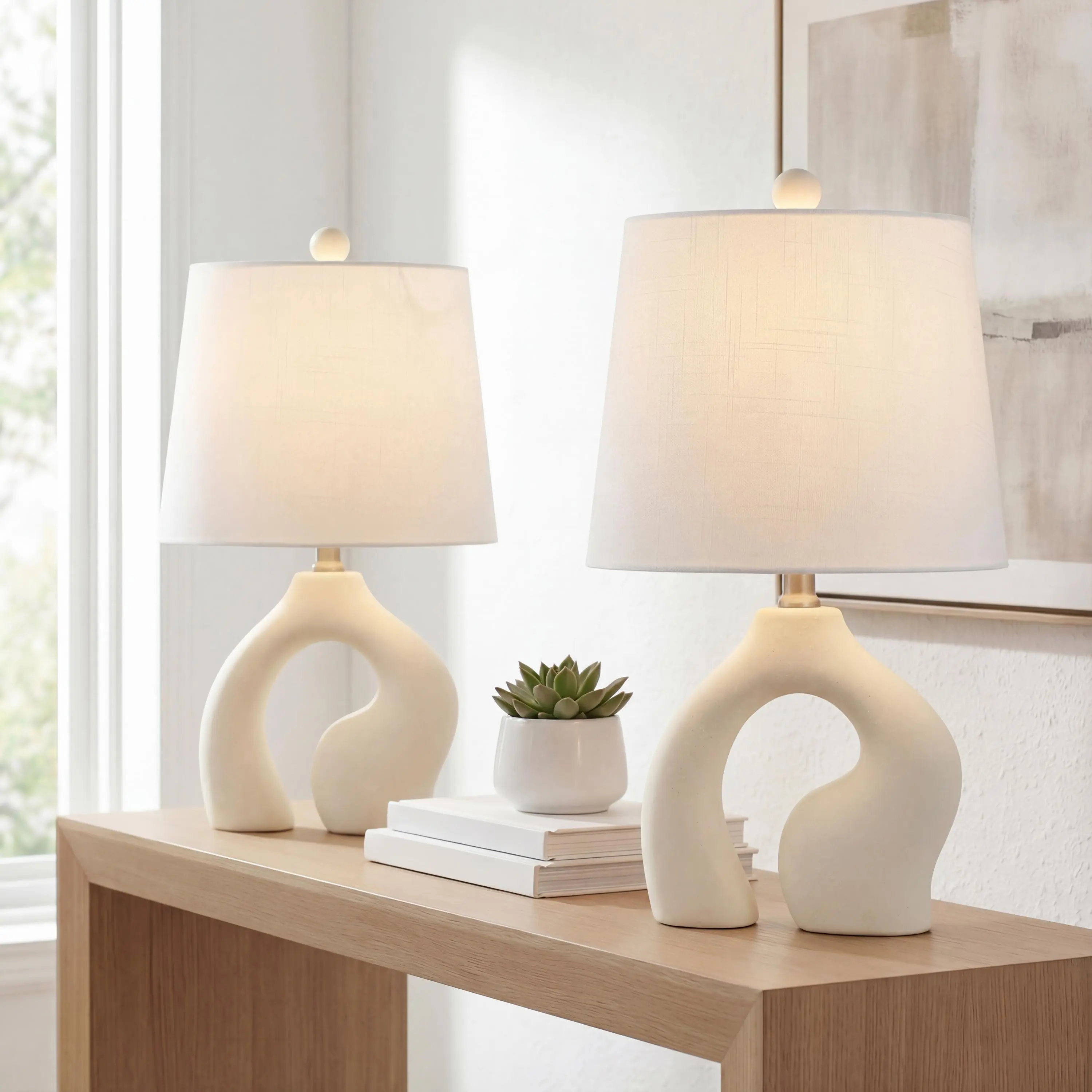 JONATHAN Y Tula 19" Scandinavian Arch Ceramic Table Lamp, Cream, Set of 2 | Modern Minimalist Bedside Nightstand Light, White Linen Shade, Empire Shape, Metal Accents, LED Bulbs Included