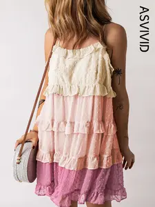 Women's Colorblock Swiss Dot Ruffled Trim Tie Back Cami Dress, Boho Fashion Elegant Casual Spaghetti Strap Backless Short Dress for Summer Beach Holiday Vacation