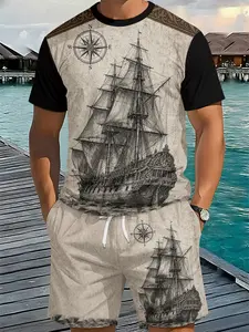 Men's 3D Digital Printed Retro Nautical Compass Two-Piece Set, 2Pcs, Trendy Fashion Suit, Trendy Retro Casual Two-Piece Outfit, Vacation-Style Trendy Wear, Breathable Sports Casual Style, Perfect Holiday Gift for Men