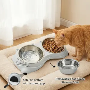 Cute Cat Ear Double Stainless Steel Pet Bowl for Food & Water - Elevated Non-Slip Feeder with 15° Tilt Angle, Stress-Free Neck Protection for Small Dogs & Cats, Easy to Clean