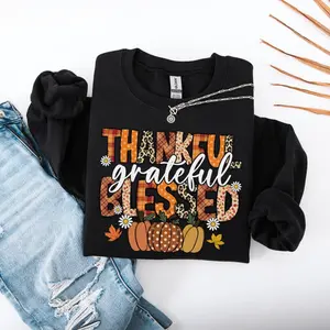 Thankful Grateful Blessed Sweatshirt, Cozy Thanksgiving Crewneck, Fall Pumpkin Pullover, Autumn Outfit, Thankful Blessed Sweater, Cute Fall Gift for Her