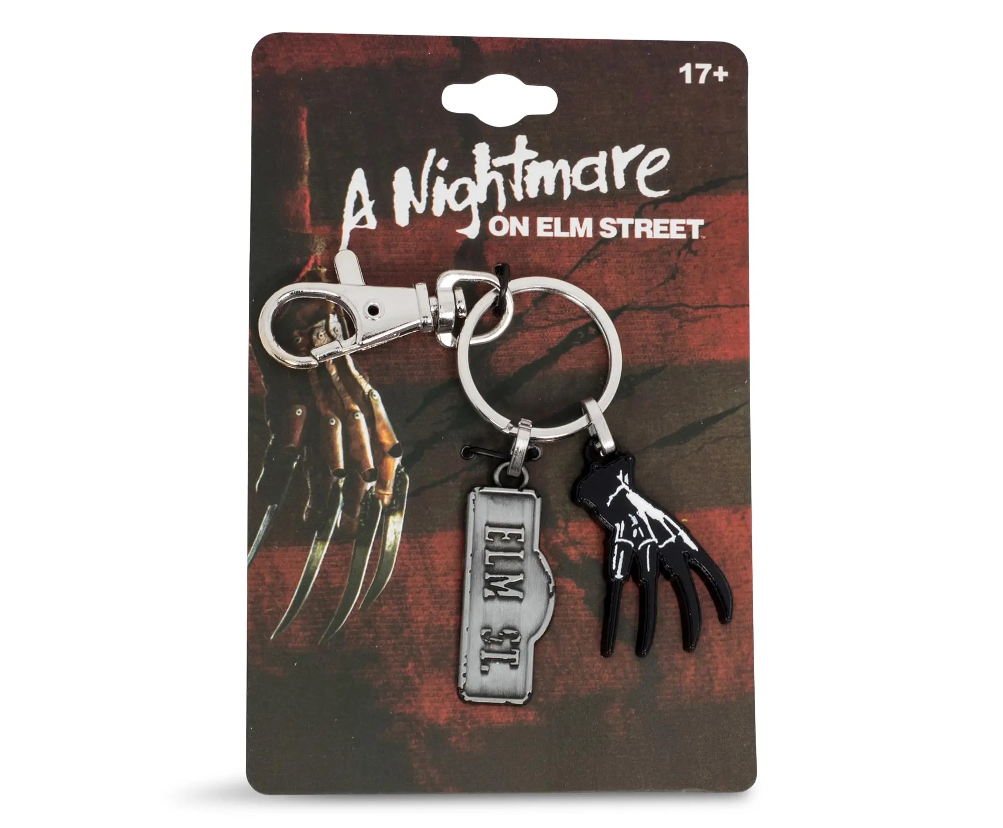 Heavy Duty Metal Keychain with Horror Blade Glove & Street Sign Charms, Dark Gothic Collectible Halloween Accessory, Collectibles, Dark Gothic Keychains, Halloween Keychains