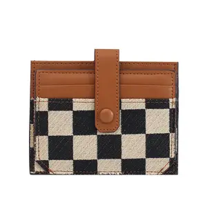 Women's Trendy Checkered Card Holder Wallet Bifold Short PU Canvas Purse with ID Window Multi Card Slots Snap Closure for Daily Commute Gift