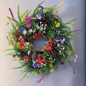 Multicolor Wildflower Wreath, 17.7 Inch Spring Floral Door Hanging Decor, All-Year Outdoor Decoration, Artificial Flowers for Front Door