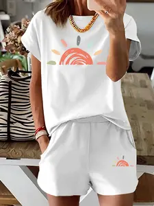 2-Pack Fashionable Round Neck Women's Short Sleeve Shorts Set Rainbow Half Sun Casual Solid Color T-Shirt and Hot Pants Set Women's Set Suitable fo