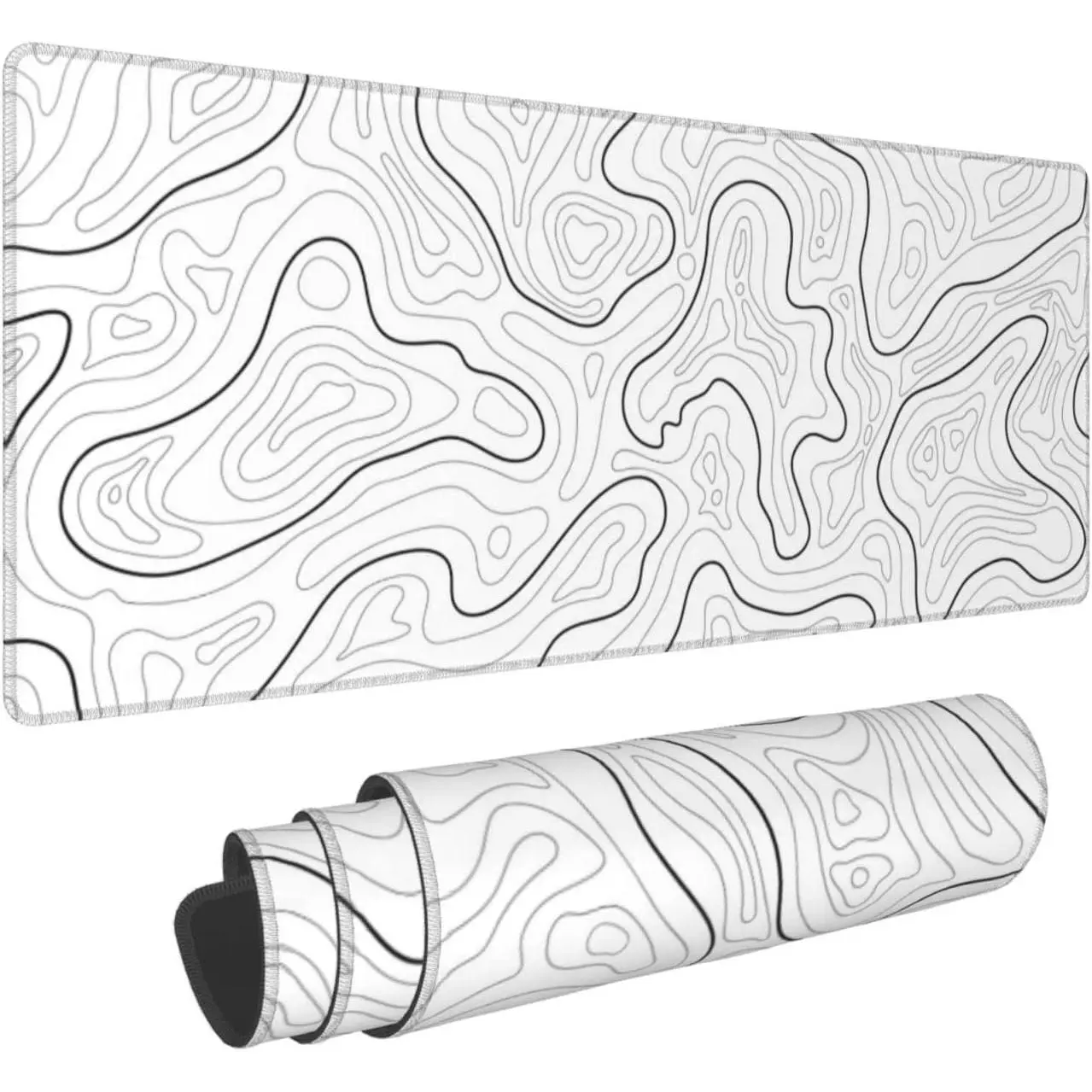 Abstract Topographic Map White Grey Black Gaming Pad Long 31.5 X 11.8 Inch Mousepad with Non-Slip Base Stitched Edge Keyboard Mat for Gaming Office