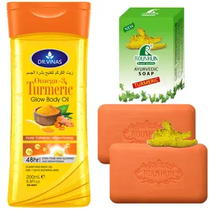 Turmeric Skincare 3-Piece Set Turmeric Omega-3 Hydrating Body Oil+Turmeric Soap Four Seasons Skincare Set Gift Moisturizing and Moisturizing Men's and Women's Four Seasons Skin Care Skin Cleansing for Body, Face, Hand, Lip, Eye, Travel Body Spa