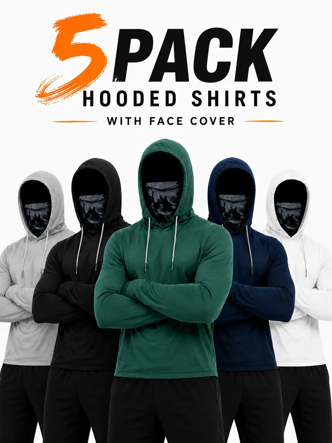 Men’s Hooded Quick-Dry Long Sleeve Shirts with Face Cover - 5-Pack Sports Outerwear for Outdoor Fishing, Running - Black, Green, Navy,Gray, White Activewear for Weekly Rotation,travel essentials,camping essentials