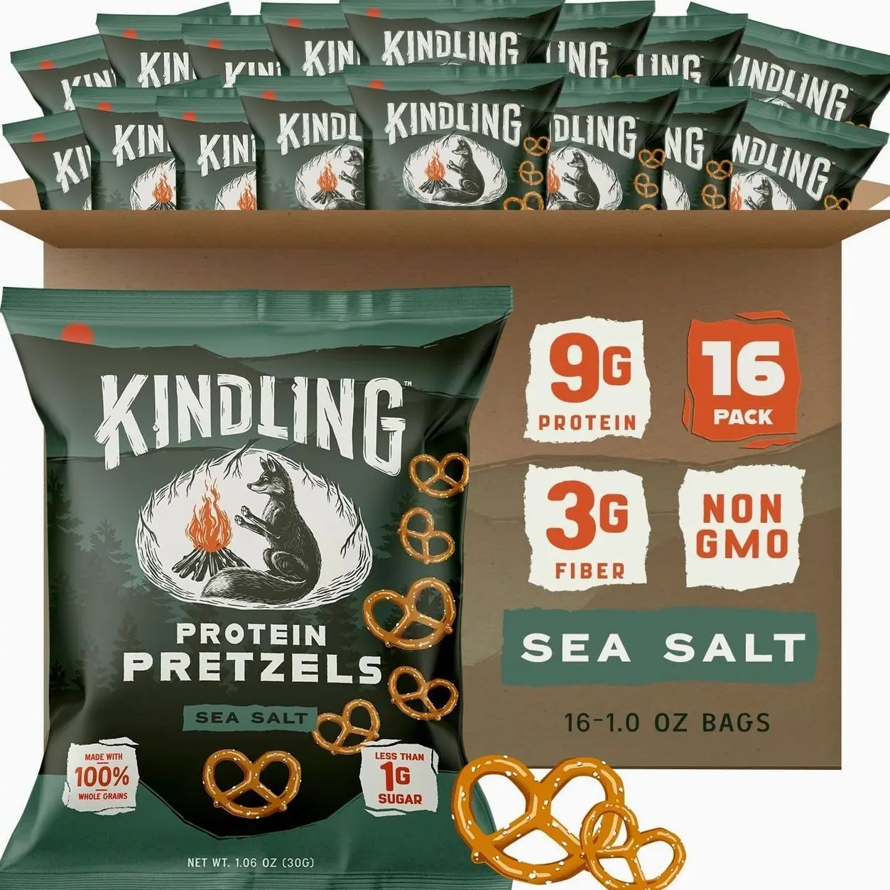 Kindling Protein Pretzels - Sea Salt | Protein-Packed Snack Size Bags | Kosher | 8-9g Protein Per Serving | No Artificial Flavors, Soy-Free | Lunches, Office Snacks, & On-the-Go | 16-Count (1.06oz Bags)