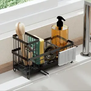 Large Sponge Holder for Kitchen Sink, Kitchen Sink Caddy, Multifunctional Organzier and Storage for Counter with High Brush Holder, Dish Cloth Hanger, Auto Drain Swivel Spout(Black)