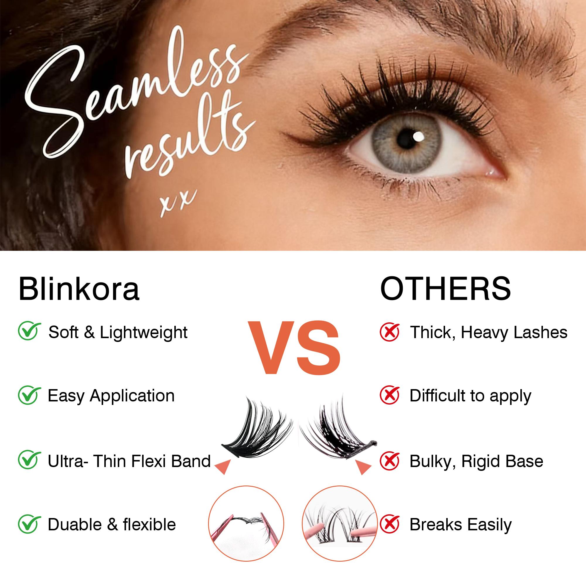 Blinkora 80D100D Lash Cluster Hybrid Kit, Wispy Fluffy Volume 10-18mm D Curl Cluster Lashes Extensions for Dramatic Soft Look, Beginner-Friendly DIY-at-Home with Waterproof Long-lasting Glue, Remover & Applicator, Think Band Super Lightweight Clusters