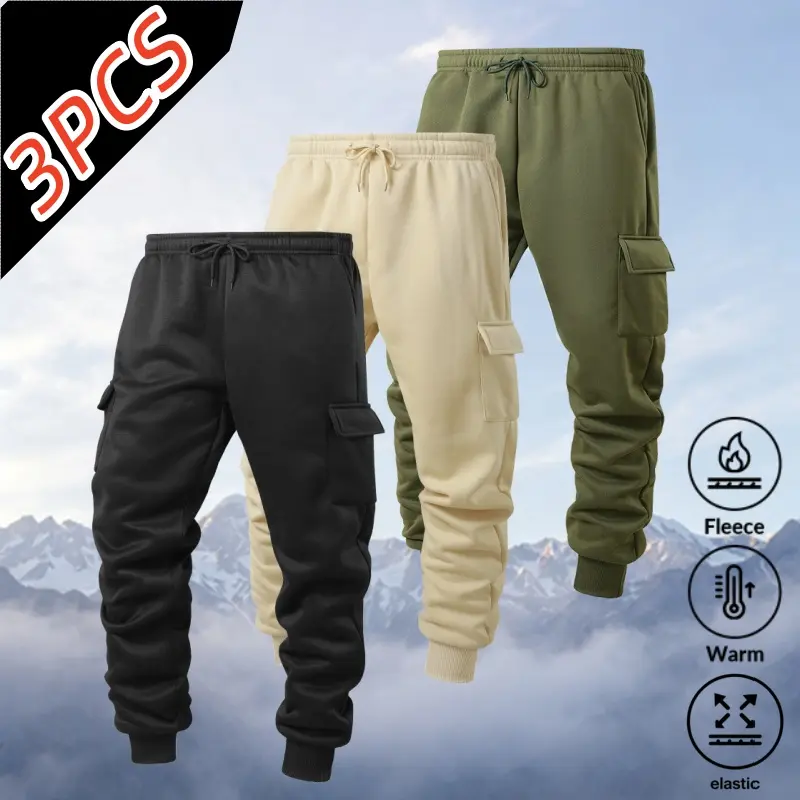 3-pack men’s autumn/winter fleece jogger sweatpants, thickened plush lining for warmth and temperature retention, side cargo pockets, high-stretch elastic waistband, available in multiple colors, casual versatile long pants sohochic