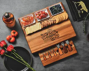 Personalized Charcuterie Board with 3 Bowls, Serving Utensils & Appetizer Picks, Grazing Platter, Custom Engraved Cutting Board Wedding Gift