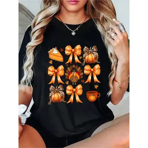 100% Cotton Coquette Bow Pumpkin Pie Turkey Thanksgiving Autumn Fall T-Shirt