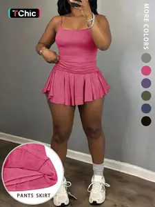 Fashion Sporty Halter Top Women's Set, Integrated Anti-Slip Design Running Sports Short Skirt Two-Piece, Casual Style