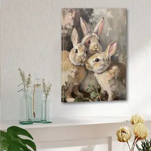 Vintage Easter Bunny Trio Canvas Art - Framed Spring Bunny Portrait, Perfect Choice for Home Decoration and Holiday Gifts, Ready to Hang
