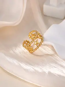 1pc 18k Gold Plated Moon, Star & Heart Open Ring | Vintage Beaded Texture | Minimalist Statement Ring for Layering