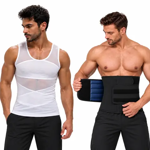 Men’s Waist Support Belt & Sleeveless Compression Tank Top Set – Soft Stretch Fabric, Mesh Ventilation, Lightweight Double-Layer Vest, Smooth Slim Fit for Gym & Daily Wear